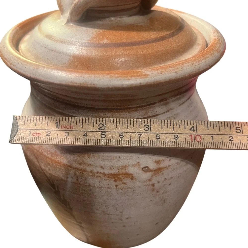 Vintage Studio Pottery Signed Wheat Canister Lidded Jar Terracotta Rustic 8in